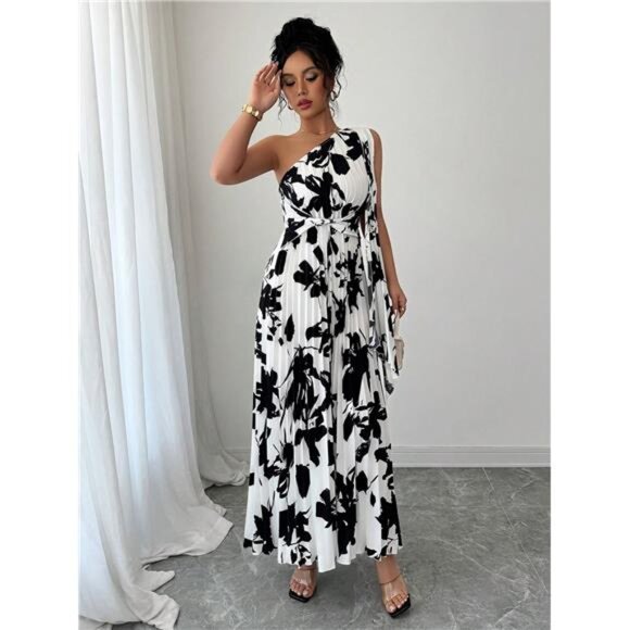 NEW - Elegant Women's Floral Pleated Elegant One Shoulder Dress - Picture 6 of 7